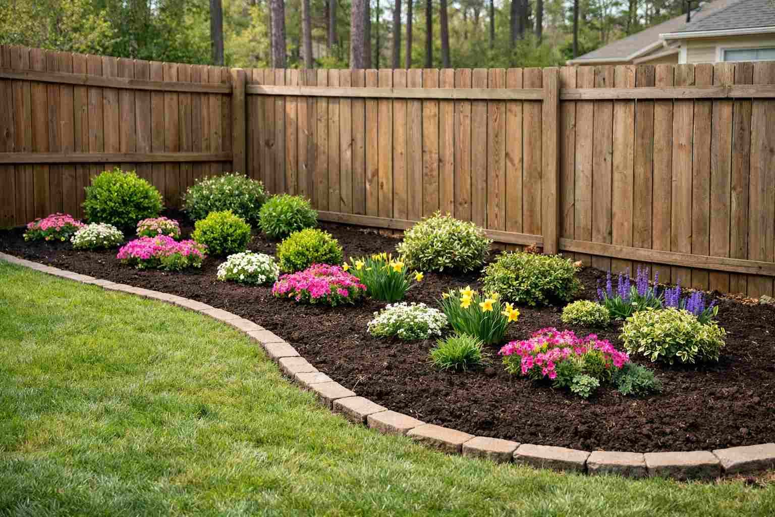 Newly created curved planting bed with shrubs and spring flowers in a Columbia, SC residential yard