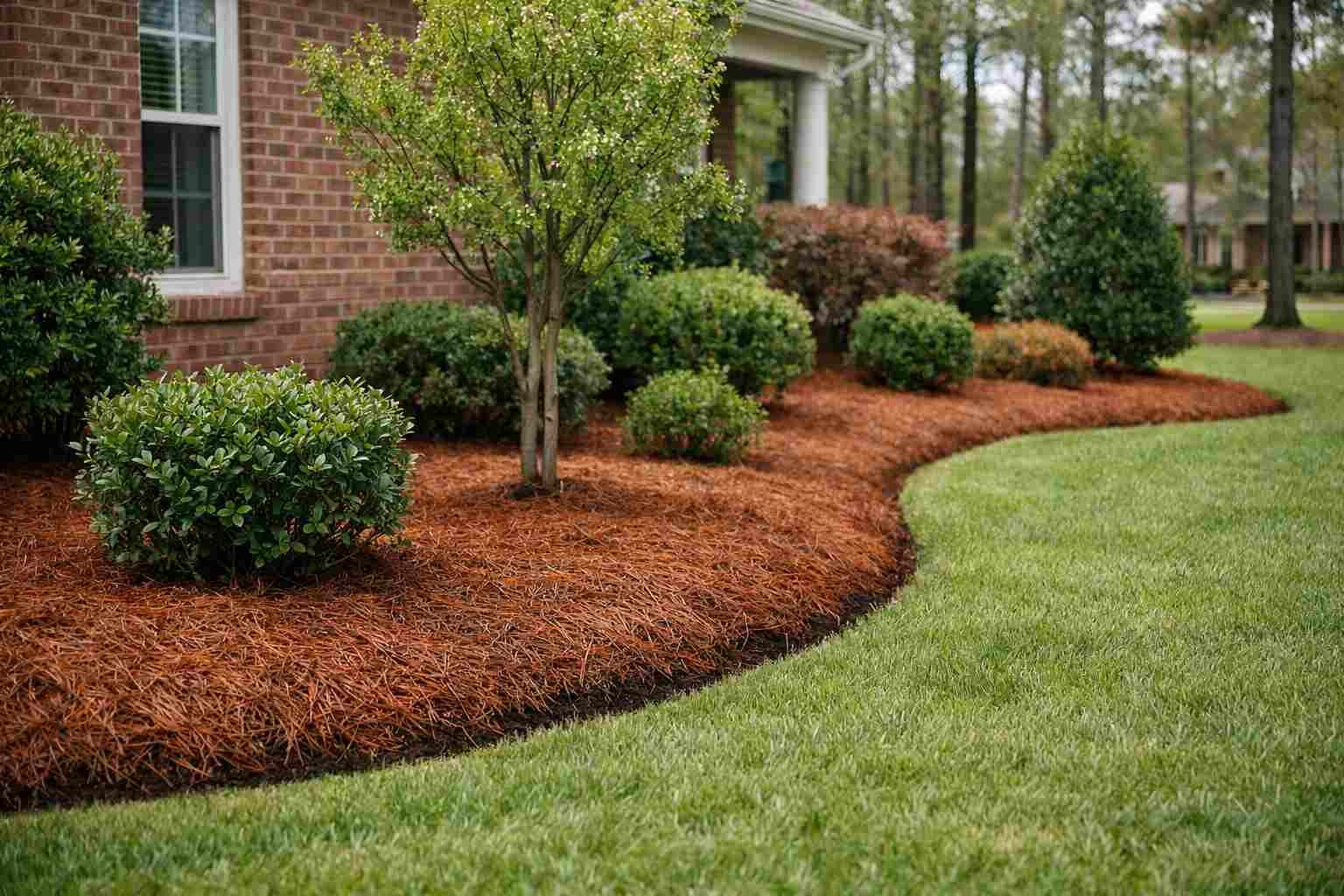 Fresh pine straw installed in neatly edged landscape beds around shrubs in a Columbia, SC yard