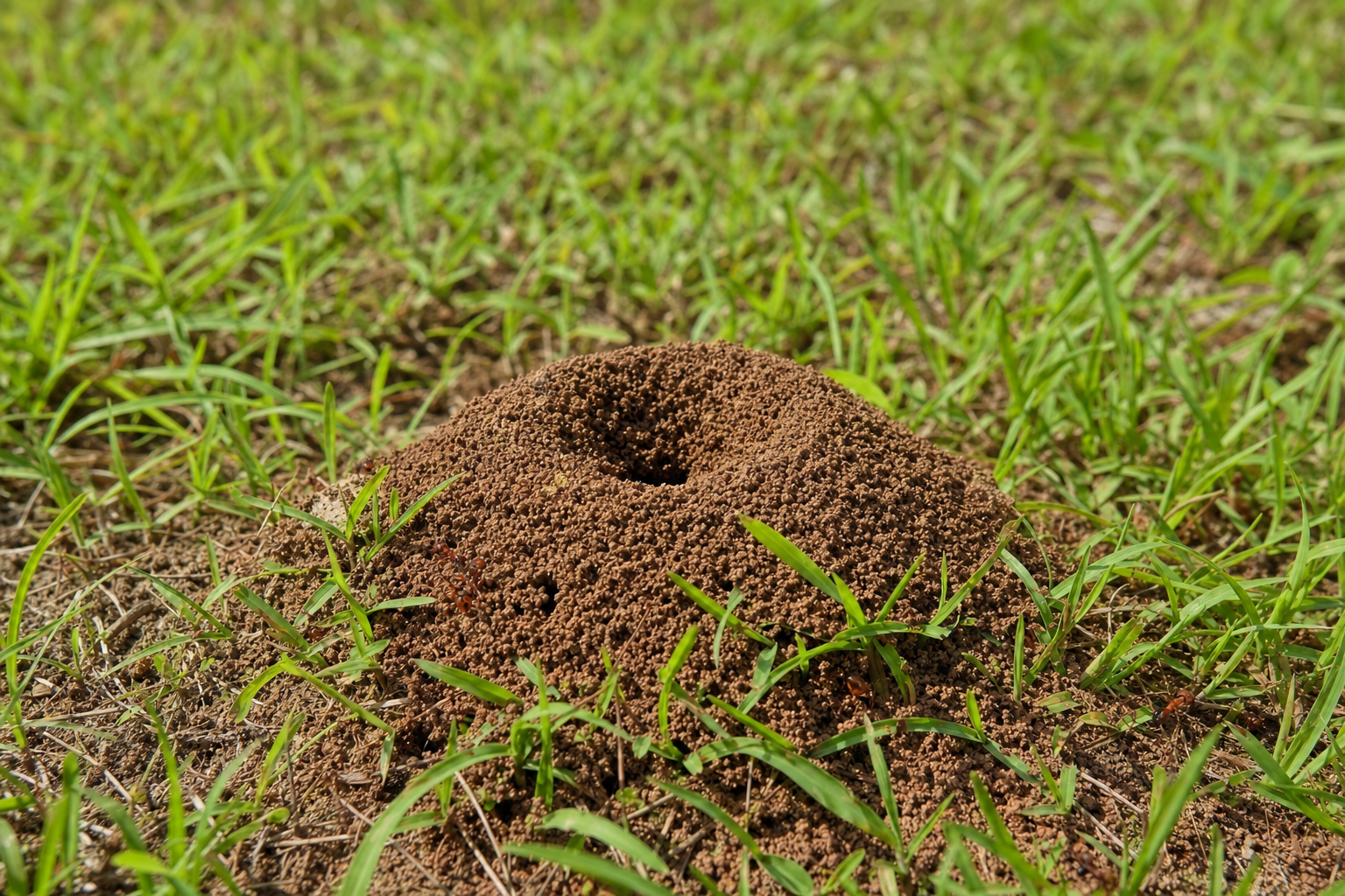 Fire ant mound in a Columbia South Carolina lawn before treatment