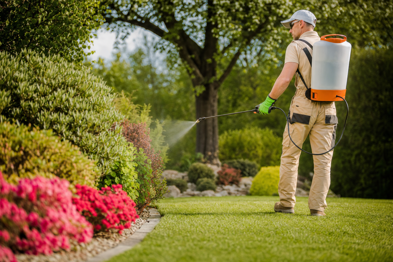 Landscape worker spraying plants in a garden with a backpack sprayer.