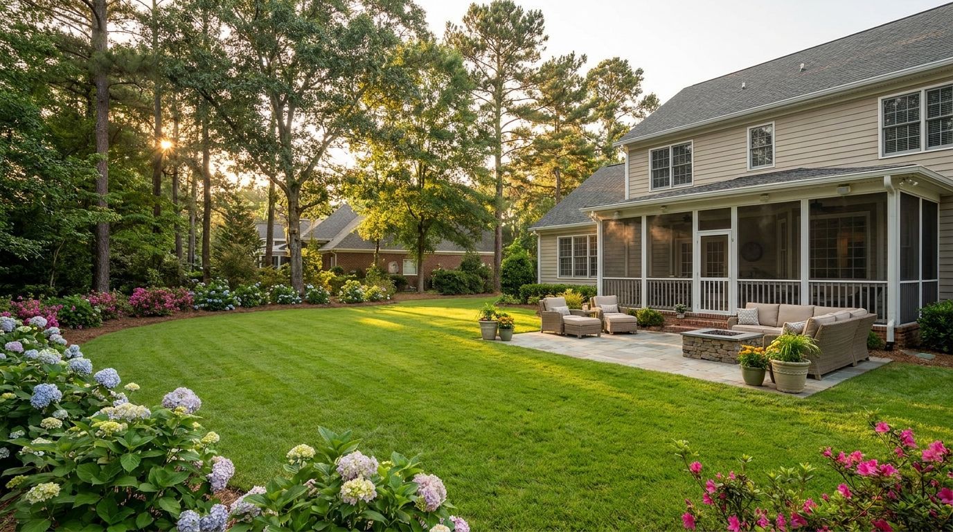 Backyard patio and lawn beside a house, with flowering shrubs and tall trees at sunset
