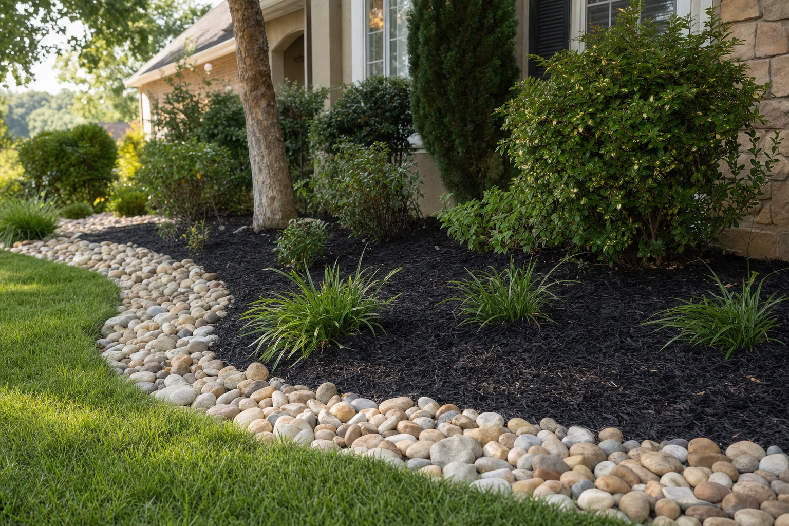 Mulch and rock installation Chapin SC landscape bed service