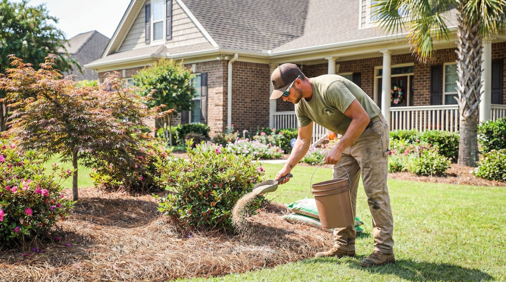 Sparta Lawn Care team member fertilizing trees and landscape plants in Elgin SC