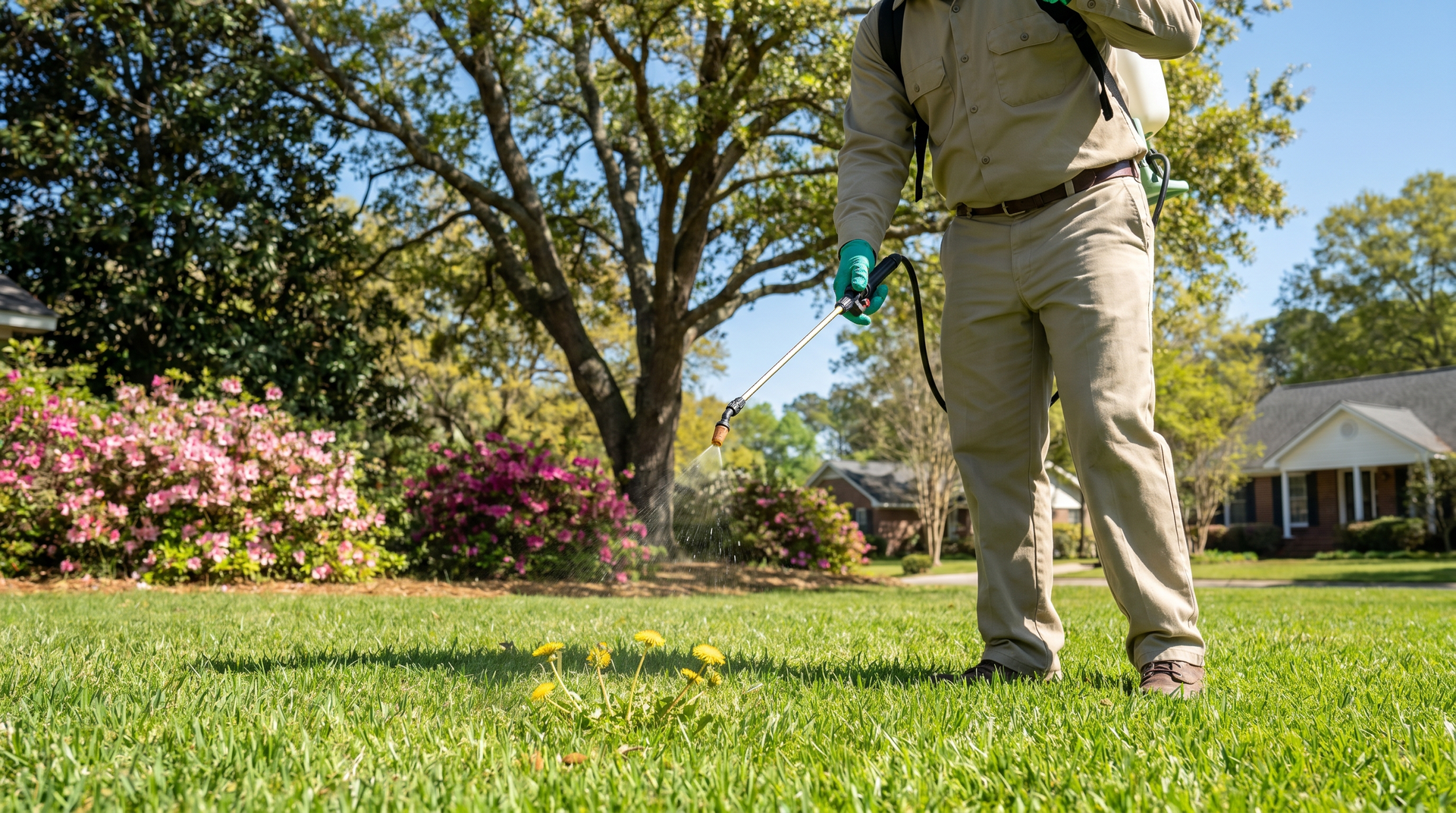 Sparta Lawn Care treating a Columbia lawn during the early spring weed-control window