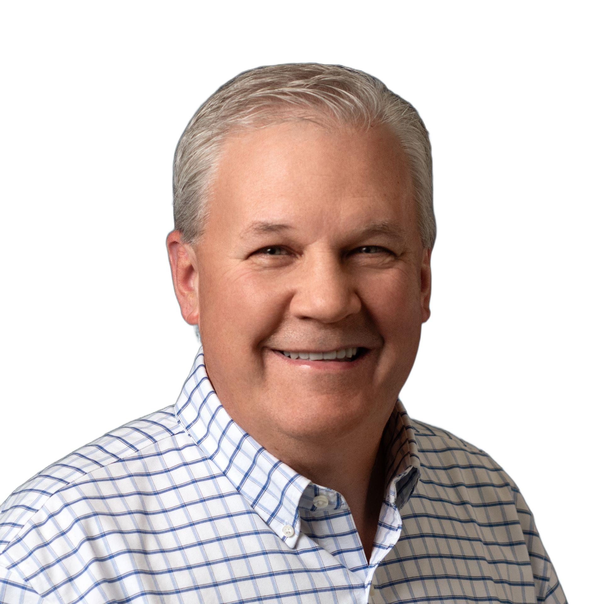 Man with gray hair and a blue-and-white checkered shirt smiles.
