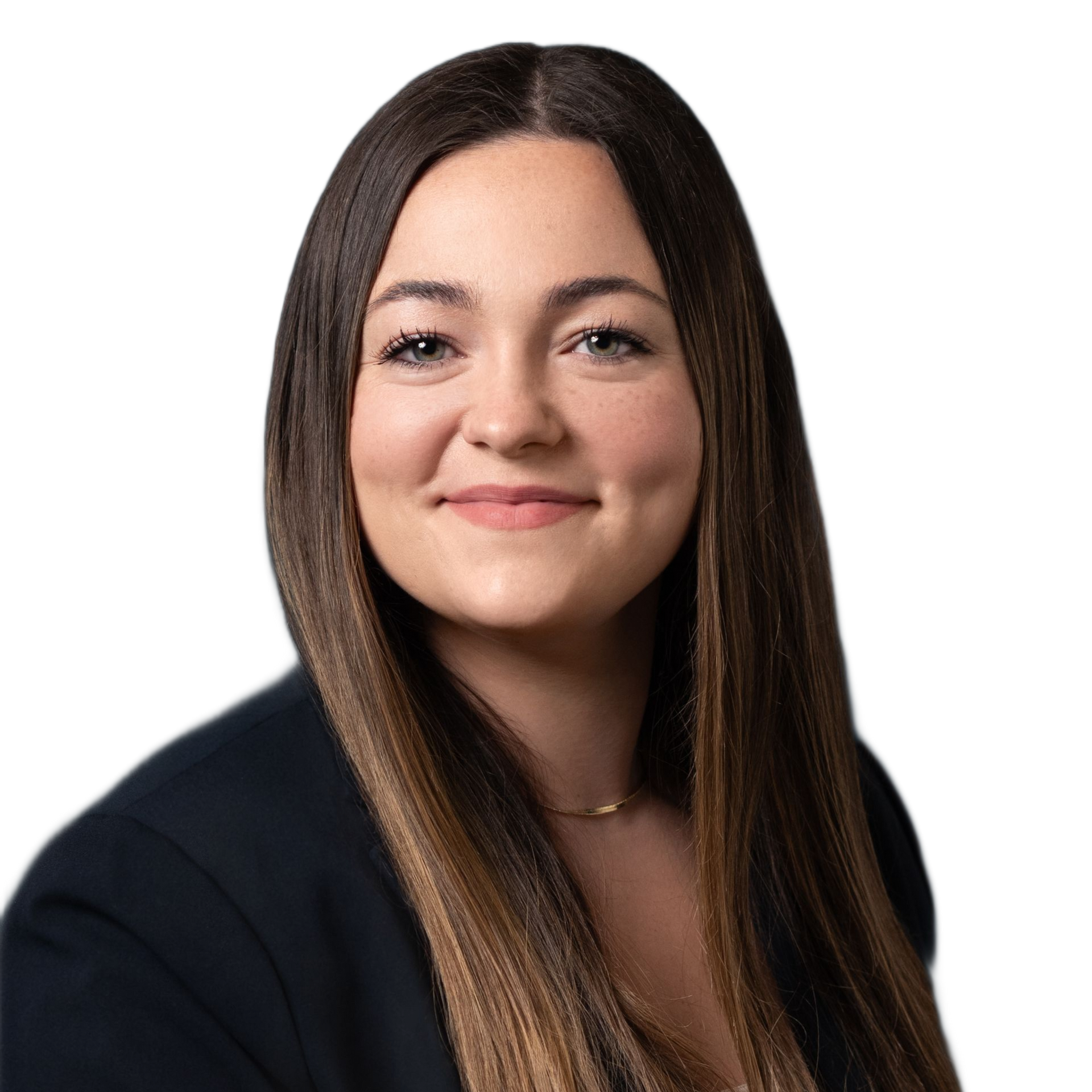 Woman with long brown hair smiling, wearing a black blazer.