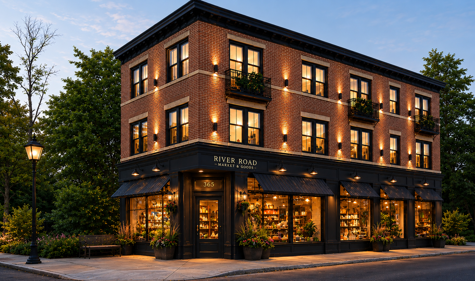 Brick corner building with warm lit windows and a street-level café at dusk