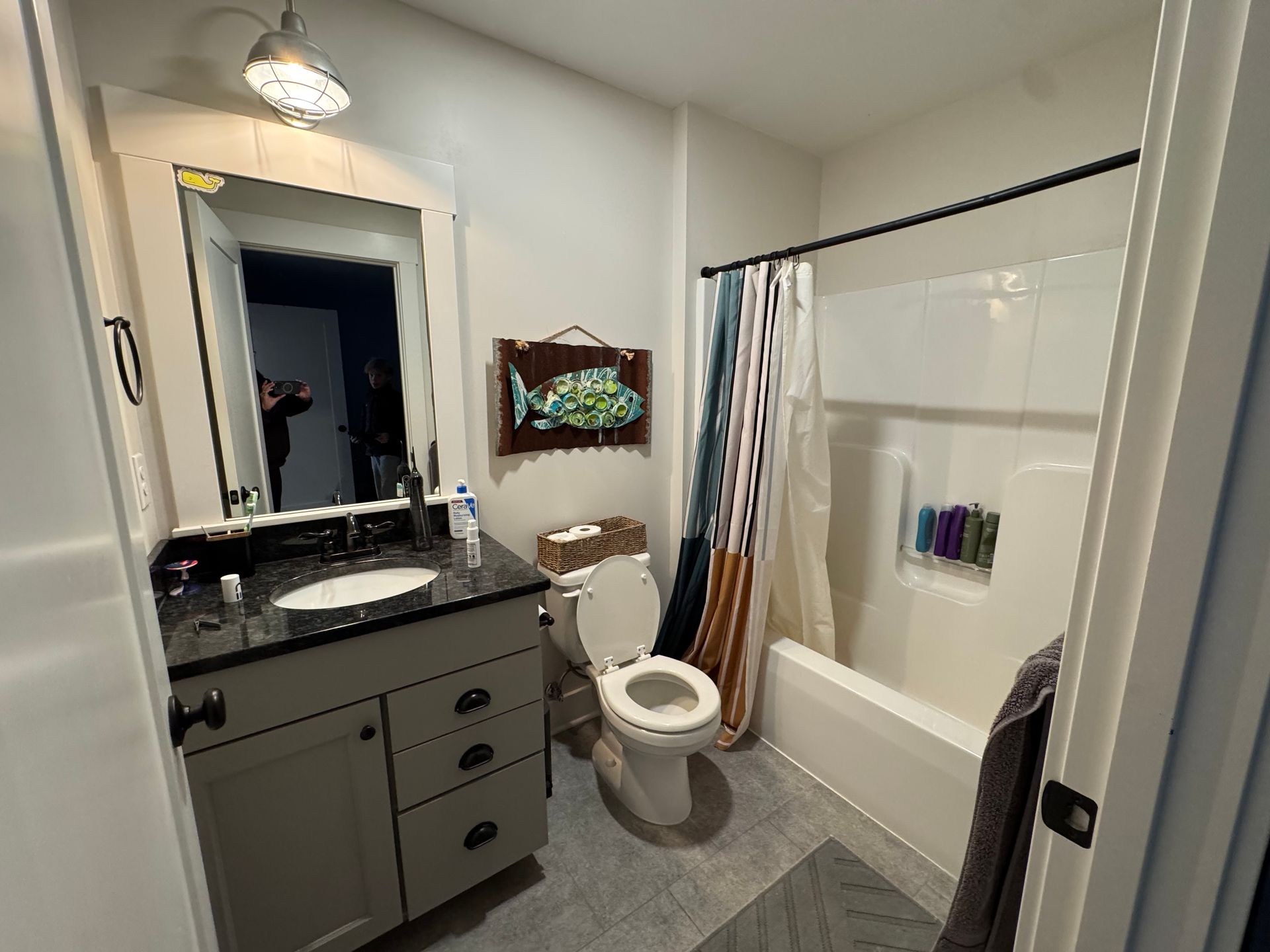 Bathroom with gray vanity, toilet, shower curtain, and mirror under a hanging light.
