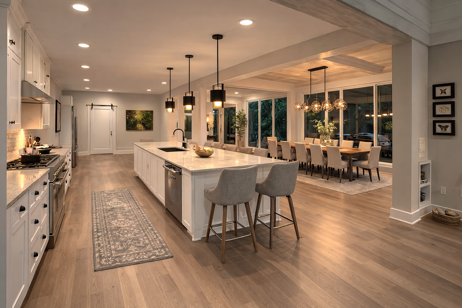 Modern open-concept kitchen and dining area with island, pendant lights, and large windows at dusk