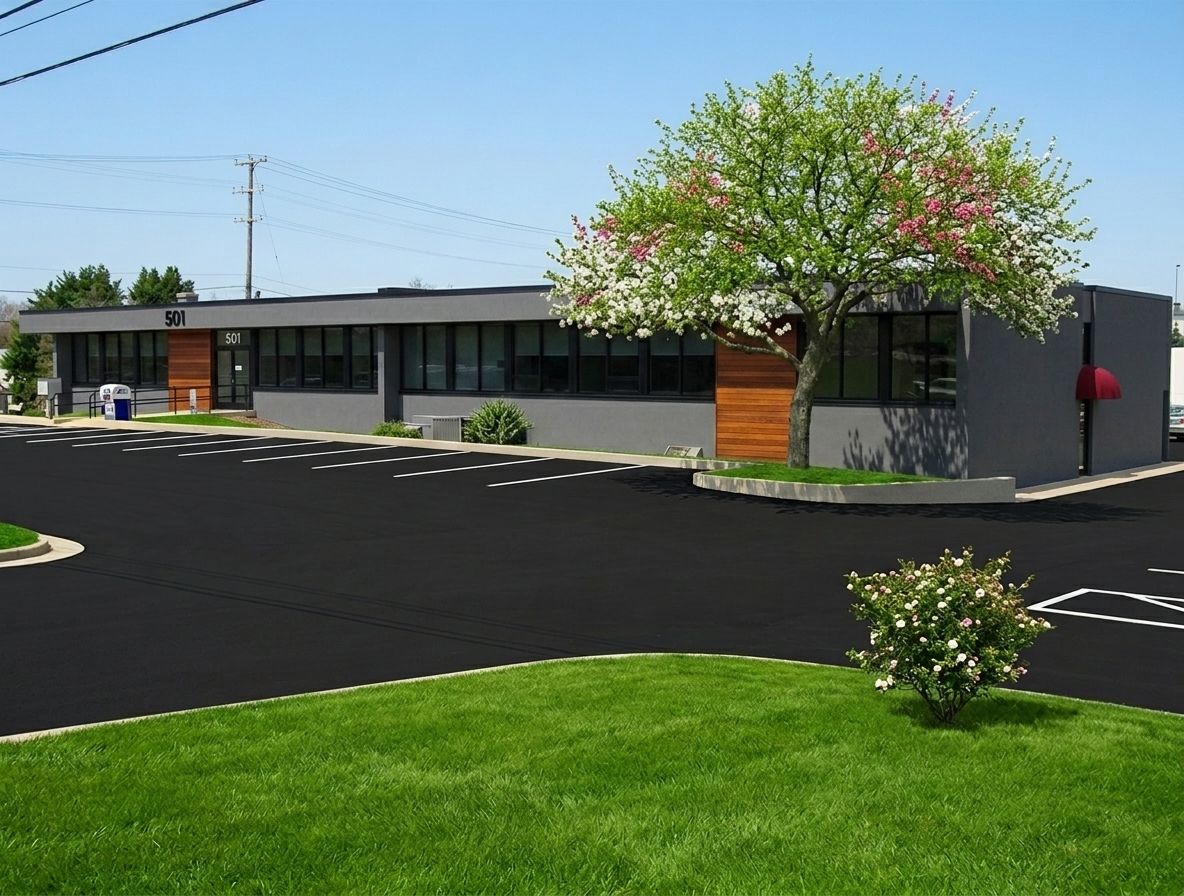 Modern single-story building with dark exterior, paved lot, and green lawn under a flowering tree.
