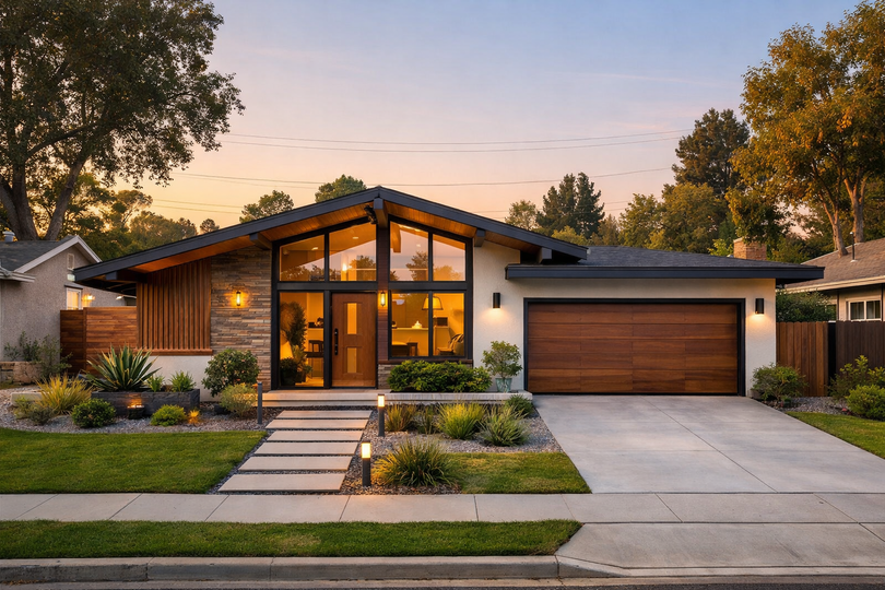 Modern single-story house at dusk with warm-lit windows, front steps, and a two-car garage