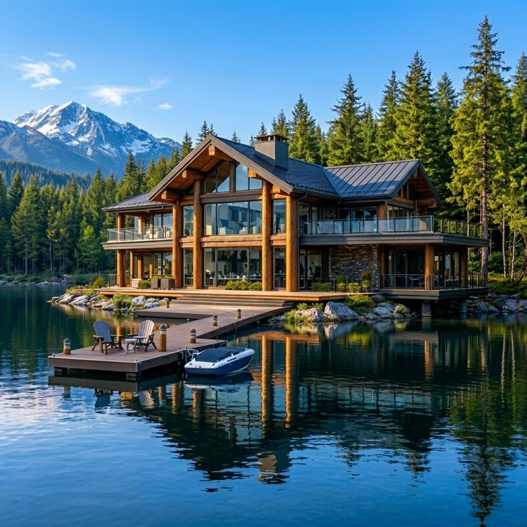 Lakefront log chalet with dock and boat, reflected in calm water, backed by pine trees and snowy mountains