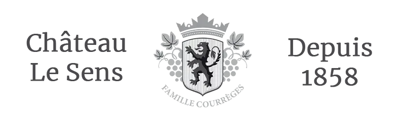 A black and white logo for chateau le sens depuis 1858