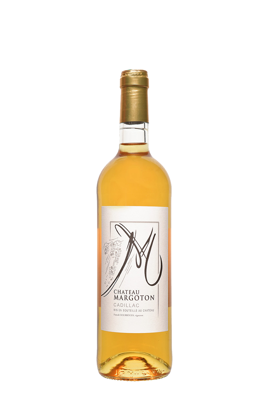 Une bouteille de vin avec une étiquette blanche et un bouchon doré sur fond blanc.