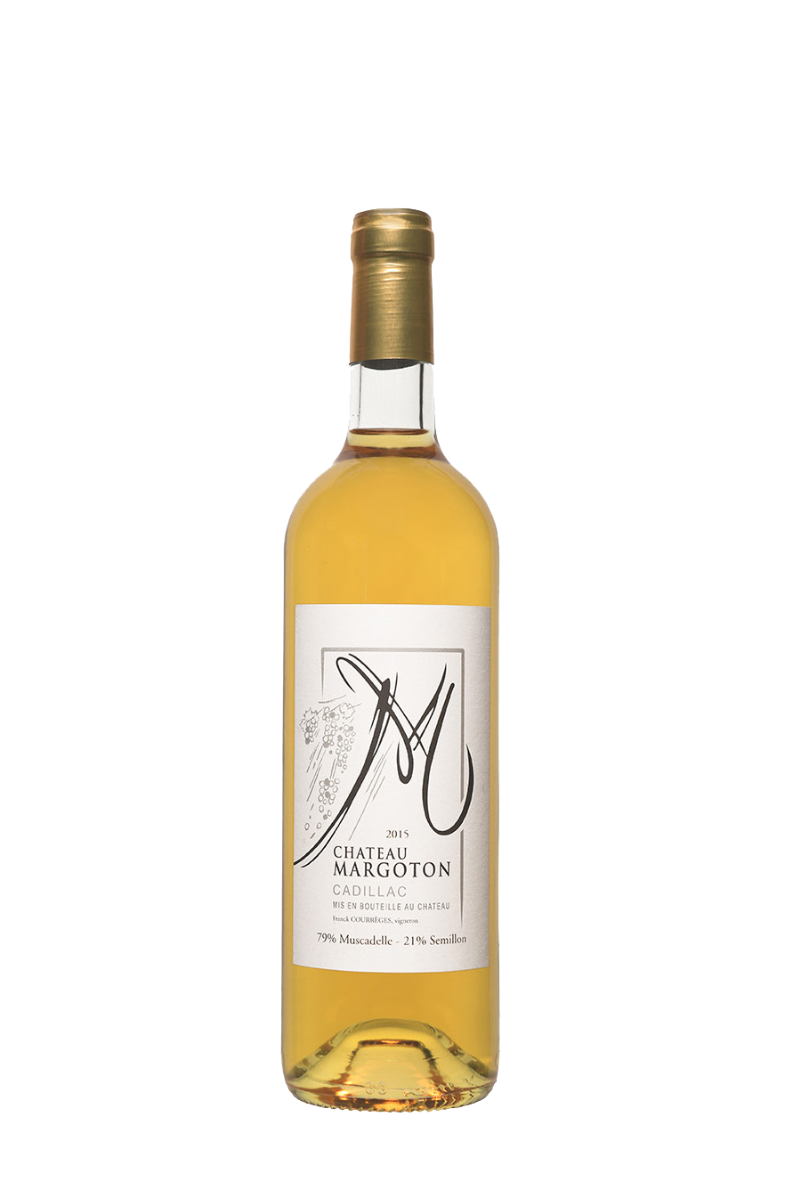Une bouteille de vin avec une étiquette blanche et un bouchon doré sur fond blanc.
