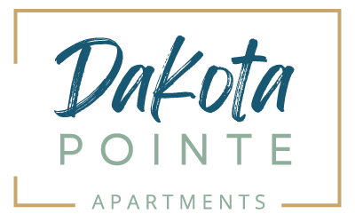 Dakota Pointe Apartments logo in teal and gold with framed text on a white background
