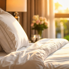 Sunlit bed with white pillows and rumpled white duvet beside a vase of flowers by the window