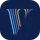 Blue app icon with a stylized multicolor letter V on a dark background