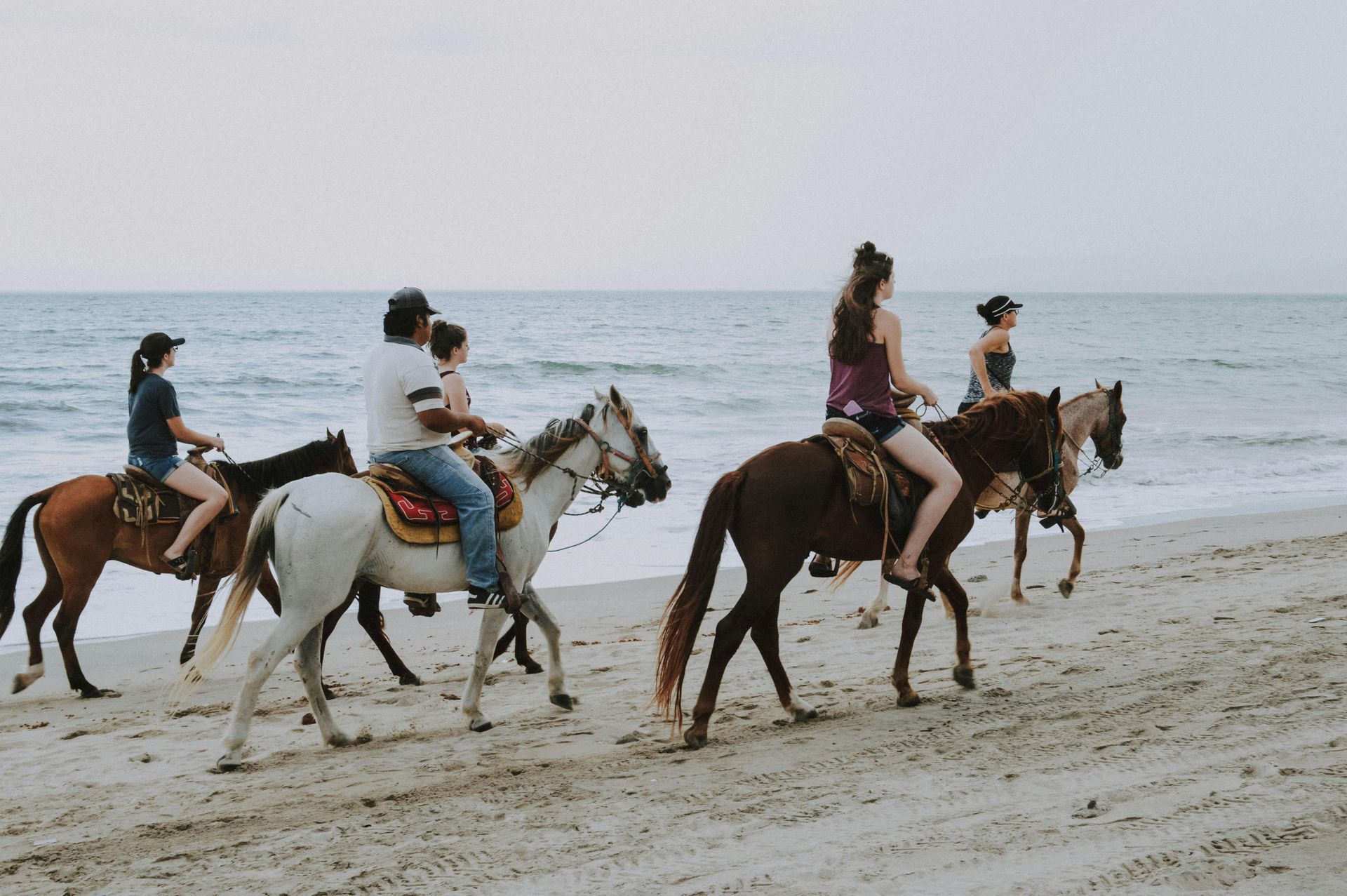 Four people riding horses along a beach by the ocean
