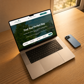Silver laptop on a wooden desk displays a travel booking webpage beside a smartphone.