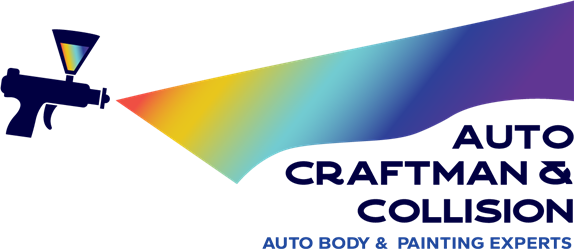 AUTO CRAFTMAN & COLLISION logo with blue spray gun and rainbow paint streak