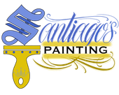 Santiago's Painting logo with blue script text and yellow paintbrush graphic