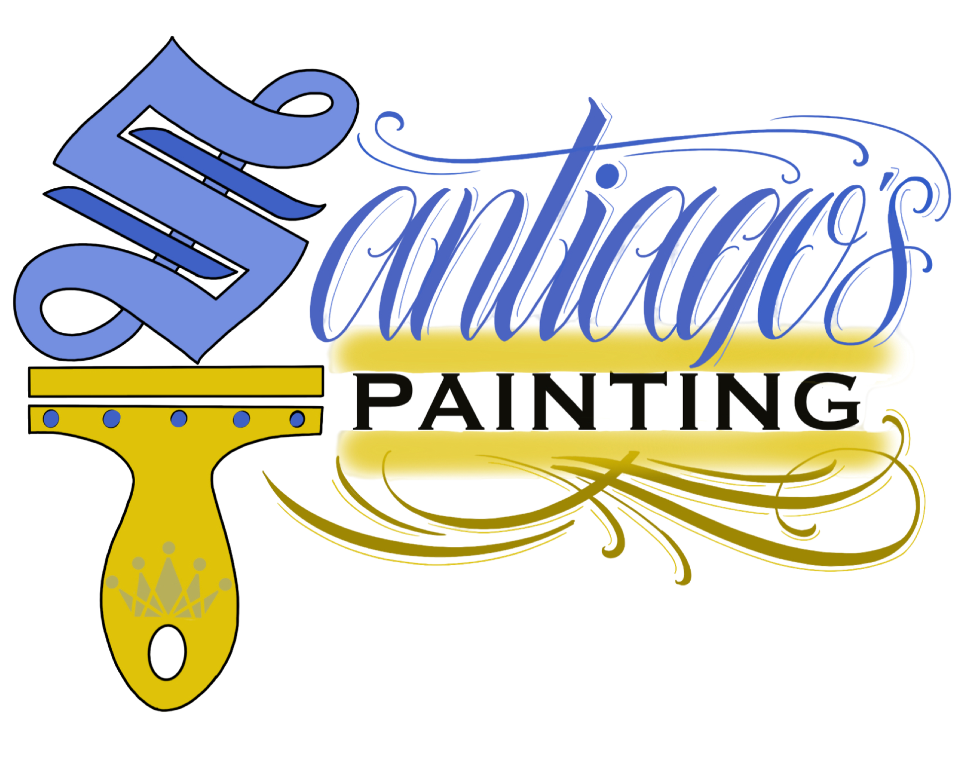 Santiago's Painting logo with blue script text and yellow paintbrush graphic