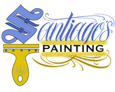Santiago's Painting logo with blue script text and yellow paintbrush graphic