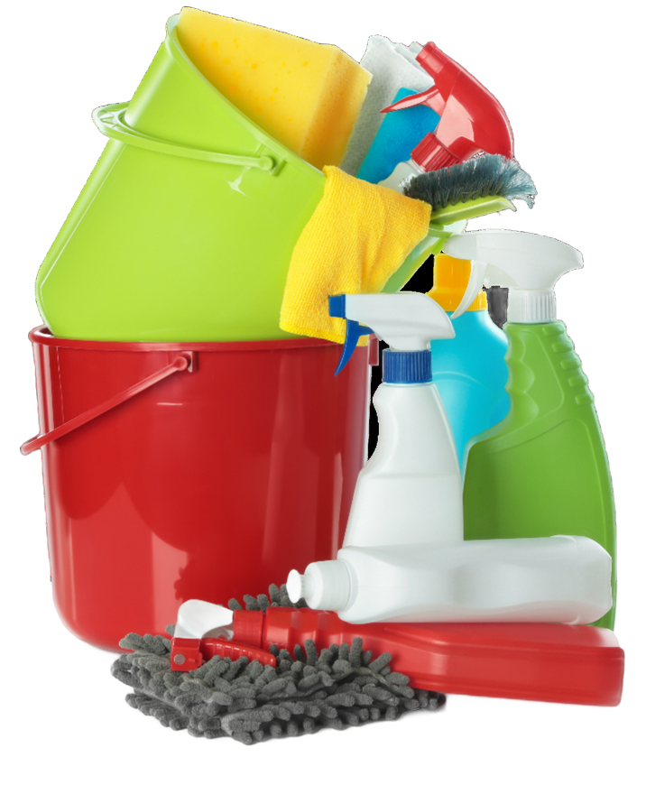 Cleaning supplies in colorful buckets, including spray bottles, sponges, brushes, and mops