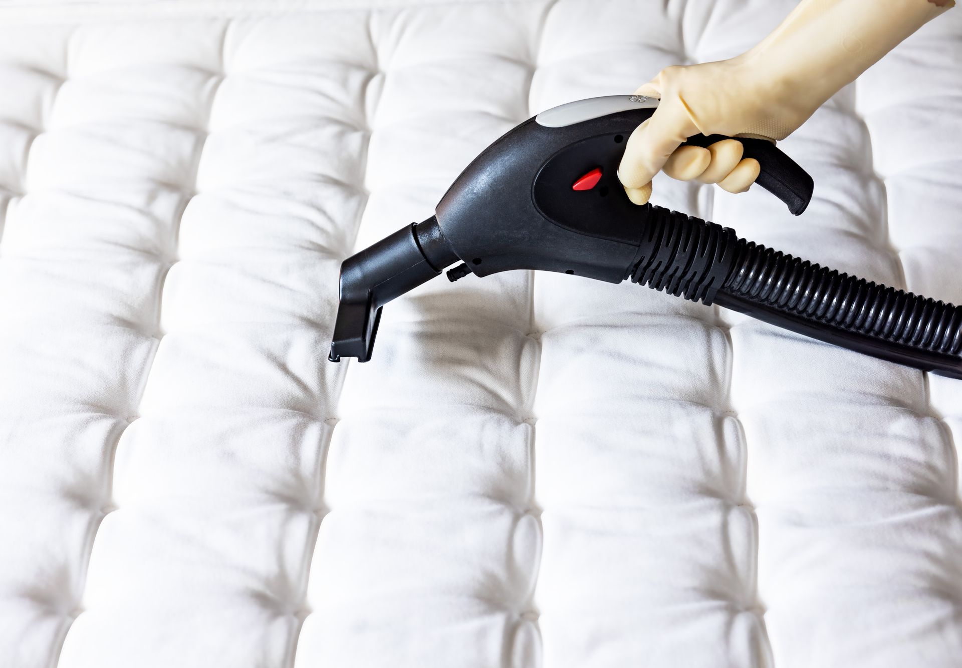 Vacuum cleaner nozzle on a white tufted mattress being cleaned