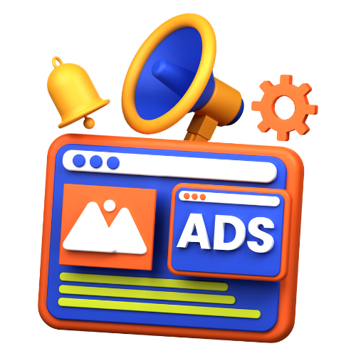 3D icon of a browser window labelled “Ads” with a megaphone and cog, symbolising PPC advertising and high ROI.