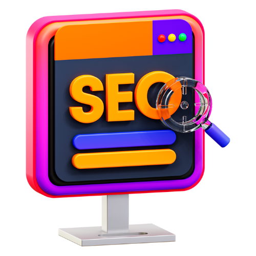 3D illustration of a computer monitor displaying the word “SEO” with a magnifying glass, representing SEO services.