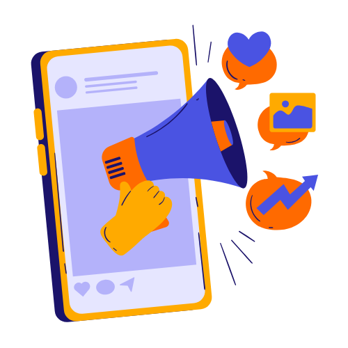 Illustration of a smartphone post with a megaphone sending out hearts, image and growth-chart icons, symbolising social media marketing engagement.