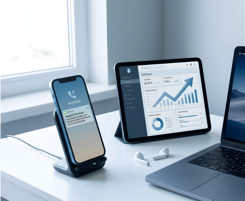 Smartphone showing missed call text back on a desk to ensure you never miss another call.