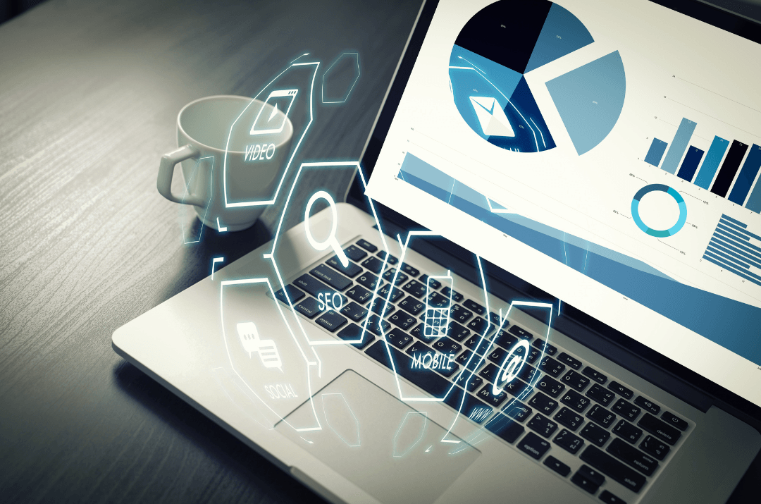 Website design and digital marketing in Bassonia Rock shown with laptop analytics, SEO, video, mobile, and social media icons