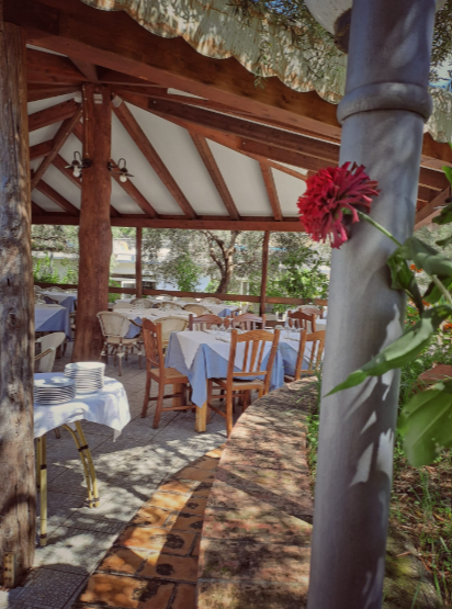 Zona pranzo all'aperto con tavoli in legno, tovaglie bianche e un fiore rosso in primo piano.