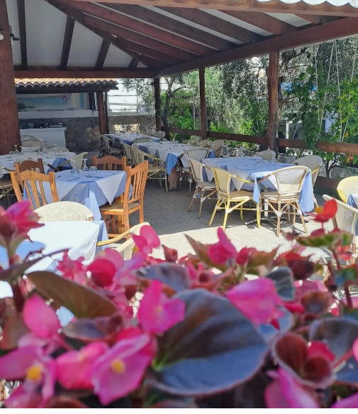 Ristorante con patio all'aperto, tovaglie bianche, sedie in legno e fiori rosa in primo piano.