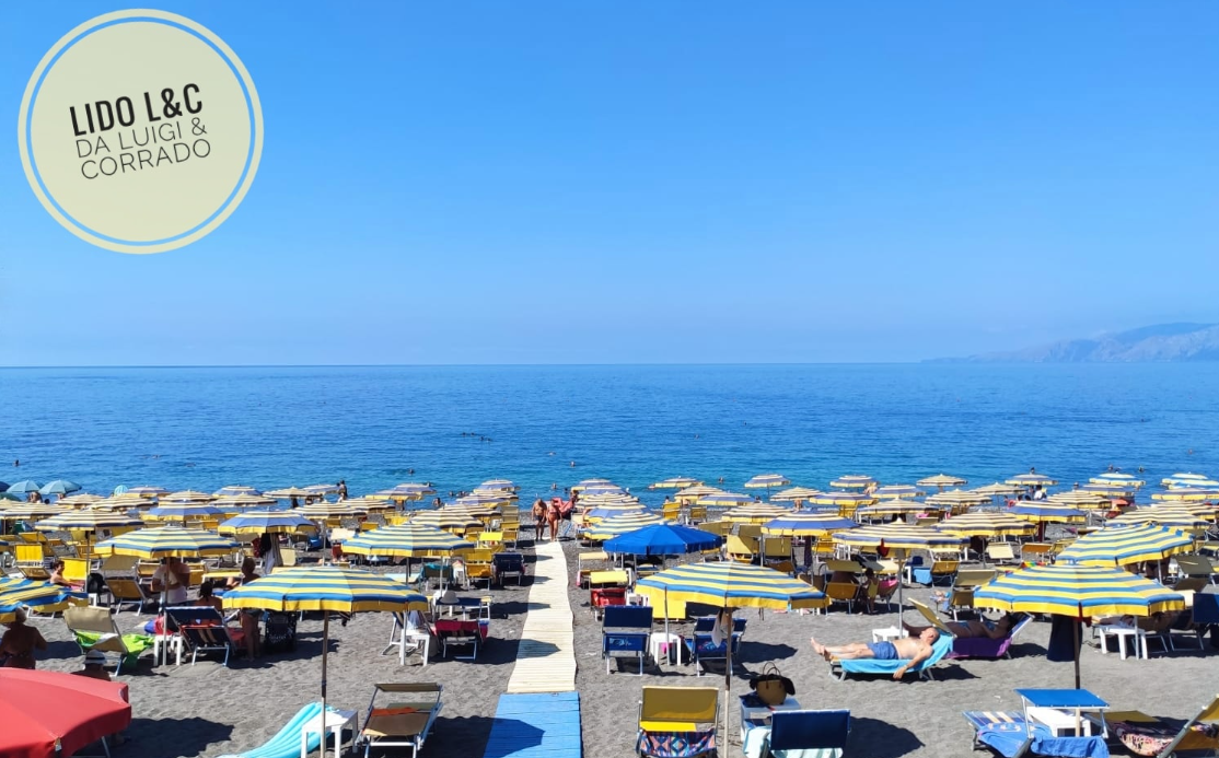 Luminoso caffè sul lungomare con ombrelloni gialli che si affaccia su un calmo oceano blu sotto un cielo limpido.