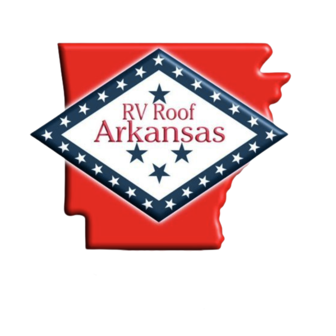 RV Roof Arkansas logo on red Arkansas state outline. White diamond with blue stars and text.