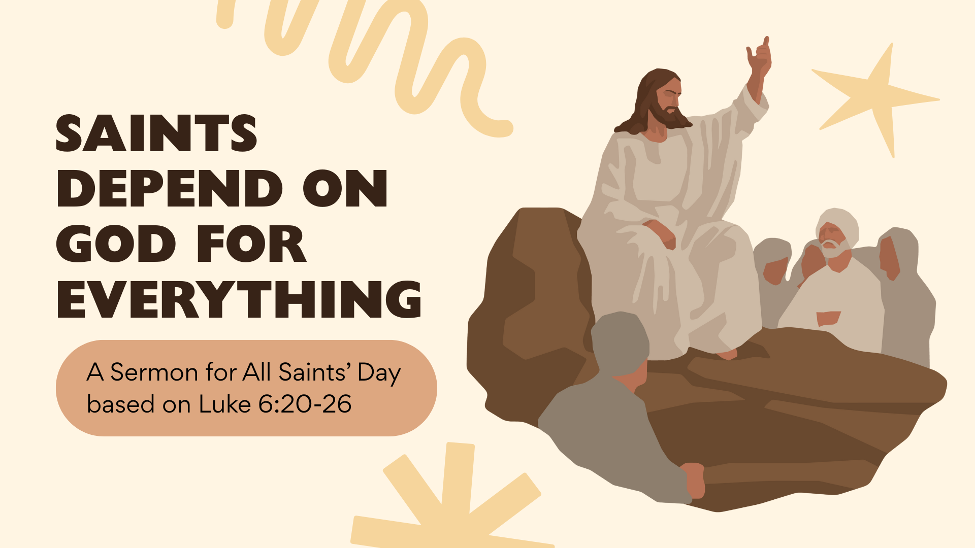 Jesus preaching to followers. Text: