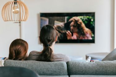 Two people sit on a gray couch watching TV in a bright living room.