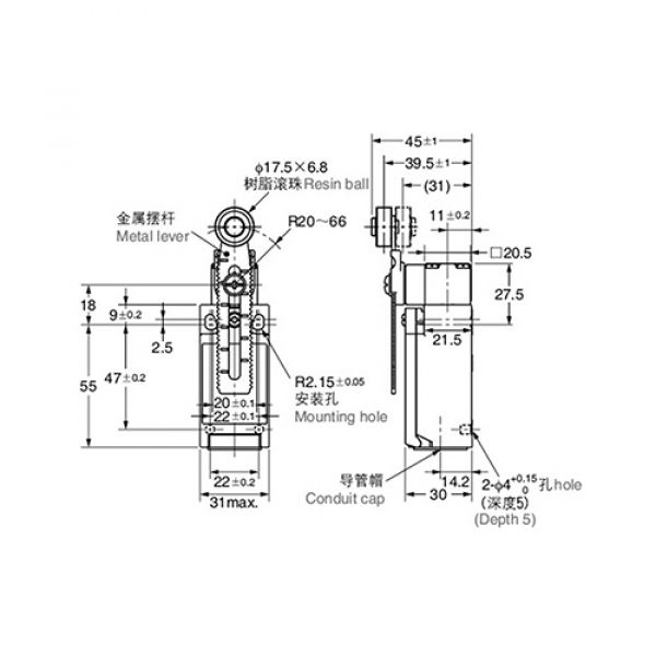 Fim De Curso Nazda NZ-C4N-412G Haste Ajustavél Com Roldana Leve