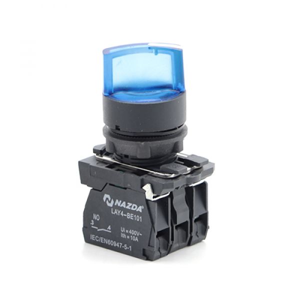 Comutador Nazda 2 Posições Manopla Curta Com Sinalizador 1NO+1NC 24VDC Azul