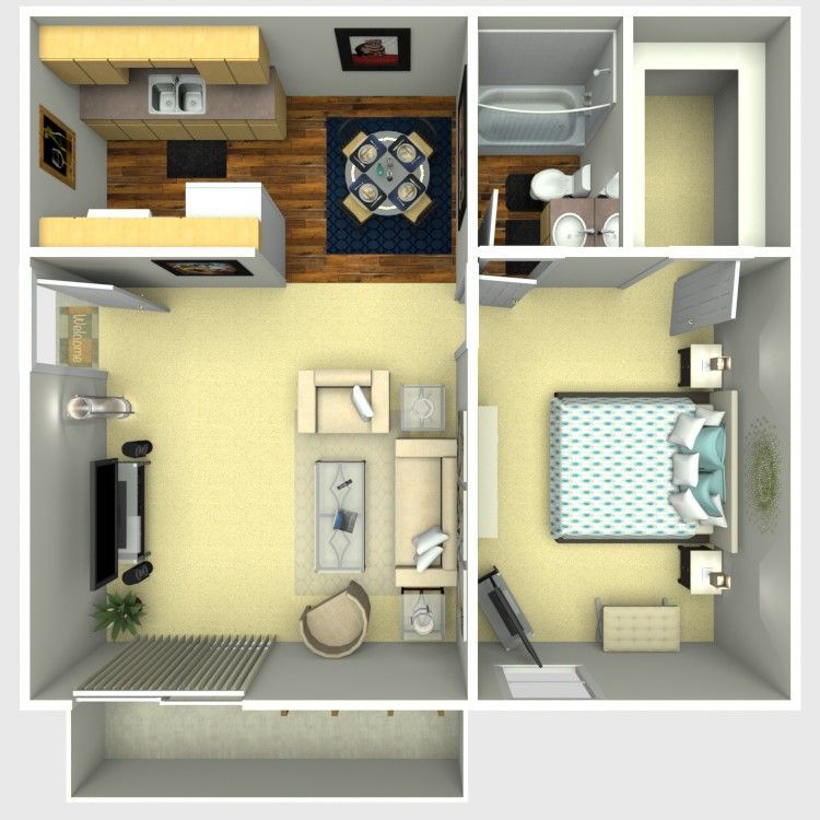Top-down apartment floor plan with kitchen, living room, bedroom, bathroom, and balcony in neutral tones