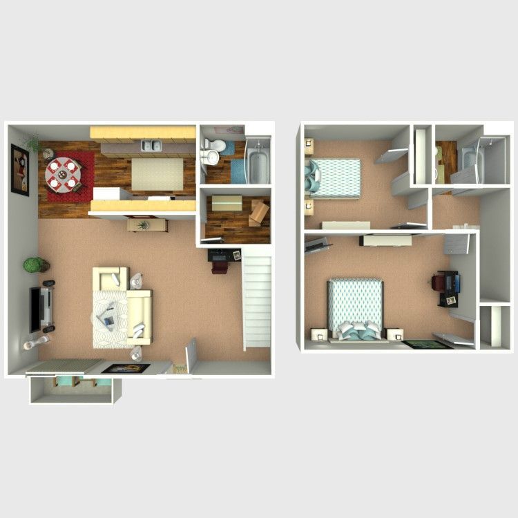 Top-down floor plan of a compact apartment with living area, kitchen, bathroom, and two bedrooms.