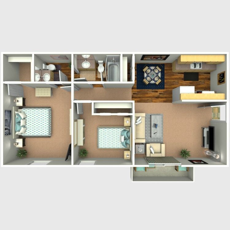 Top-down floor plan of a small apartment with bedrooms, bathroom, kitchen, and living area in neutral tones.
