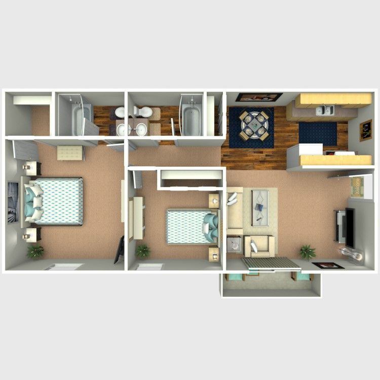 Top-down floor plan of a small apartment with two bedrooms, kitchen, bathroom, and living room.