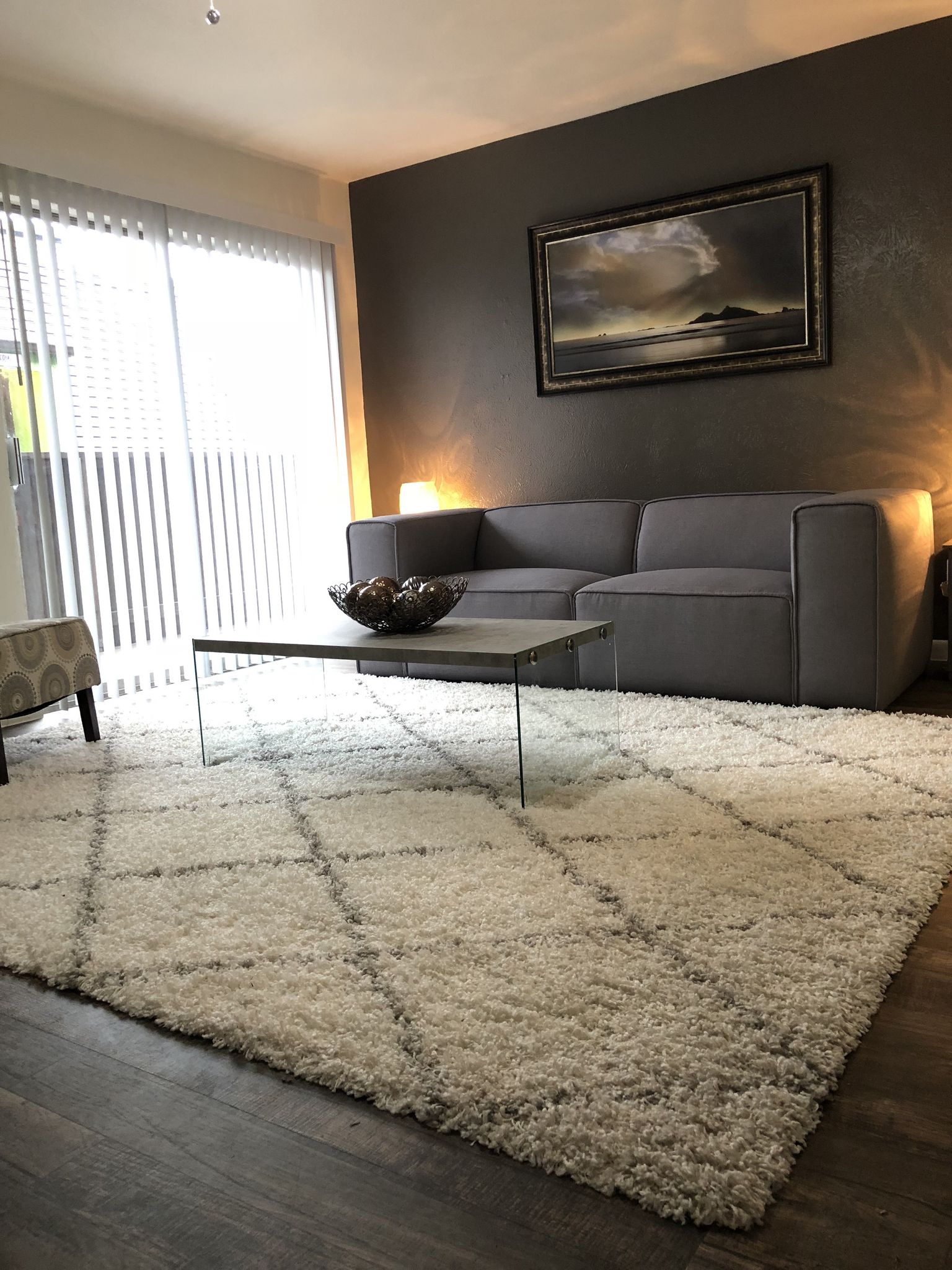Modern living room with gray sofa, glass coffee table, cream rug, and sliding door blinds.