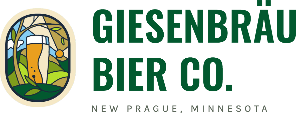 Giesenbrau Bier Co. logo with green brewery text and round scenic emblem, New Prague, Minnesota