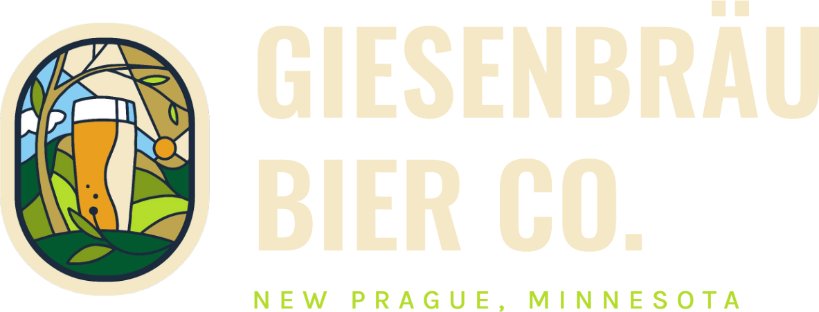 Giesenbrau Bier Co. logo with a stained-glass style hop and church window, New Prague, Minnesota